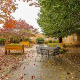A peaceful courtyard with autumn foliage and outdoor seating.