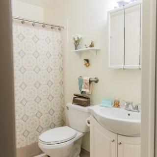 A neatly organized bathroom with a patterned shower curtain and white fixtures.
