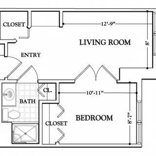 A simple apartment floor plan showing a living room, bedroom, bathroom, and closets.