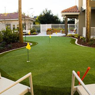 A backyard with a neatly maintained artificial turf putting green, surrounded by landscaping and patio furniture.