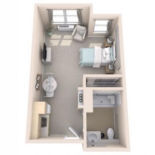 3D floor plan of a compact one-room apartment with a bedroom, living area, and bathroom.