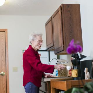 An elderly woman standing at a kitchen countertop in her home.