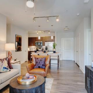 A modern open-concept living room and kitchen area with stylish decor and wood flooring.
