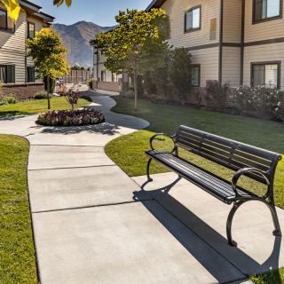 A sunny view of a landscaped pathway with a bench and residential houses in the background.