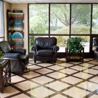 A cozy waiting room with leather armchairs, natural light, and indoor plants.
