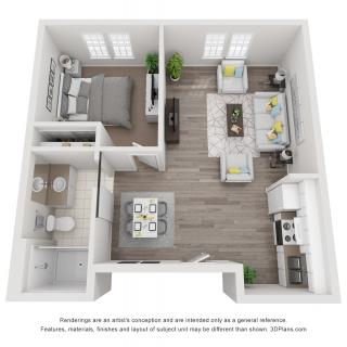 A 3D floor plan of a modern one-bedroom apartment featuring an open living area, kitchen, and bathroom.