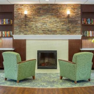 A cozy living room featuring a stone fireplace, two green armchairs, and bookshelves on either side.