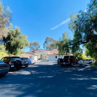 A sunny day in a parking lot with cars and surrounding trees.