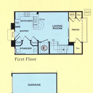A first floor layout featuring a kitchen, living room, entryway, powder room, patio, and garage.