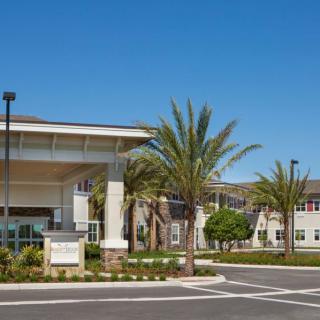 A modern commercial building surrounded by palm trees under a clear, sunny sky.