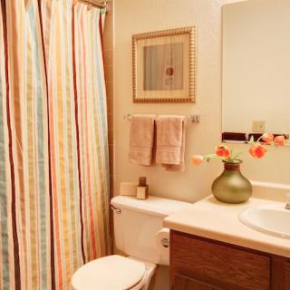 A cozy bathroom featuring a colorful shower curtain, neatly arranged towels, and a decorative vase with flowers on the countertop.