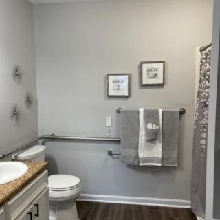 A neatly arranged bathroom with wall art and towels.