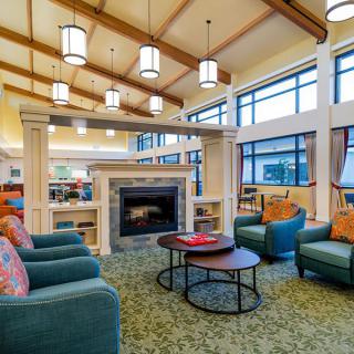 A cozy and modern living room with a fireplace, ample seating, and large windows.
