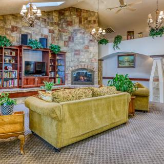 A cozy living room with a stone fireplace, comfortable sofas, and greenery.
