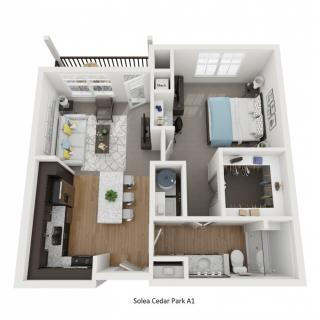 3D floor plan of a modern one-bedroom apartment featuring a kitchen, living area, bedroom, and bathroom.