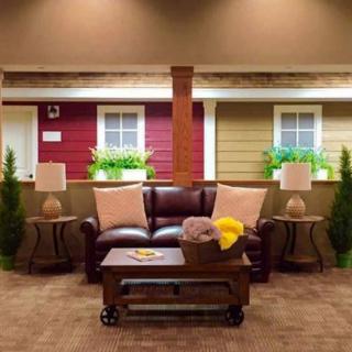 A cozy living room setup with a leather sofa, decorative pillows, and elegant lamps flanking a wooden coffee table. The backdrop features window-like decor with potted plants.