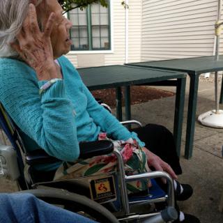An elderly person seated in a wheelchair, enjoying the outdoors.
