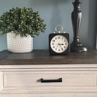 A stylish arrangement featuring a clock, a decorative plant, and a lamp on a wooden table.
