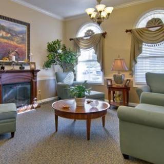 A cozy living room featuring armchairs, a wooden coffee table, and a fireplace, complemented by indoor plants and elegant decor.