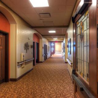A well-lit hospital corridor with patterned carpet and wall decorations.