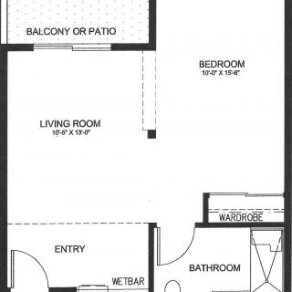 Floor plan for a one-bedroom apartment with living room, kitchen, bathroom, and balcony.