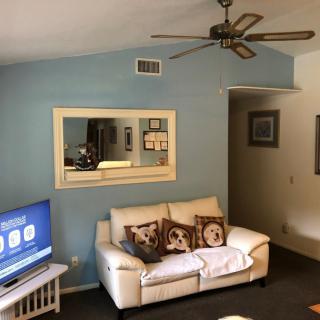 A cozy living room with a comfortable sofa, a large mirror on the wall, and a television in the corner.
