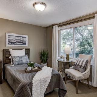 A cozy bedroom featuring a single bed with gray bedding, a large window allowing natural light, and elegant decor including a chair, lamp, and decorative plants.
