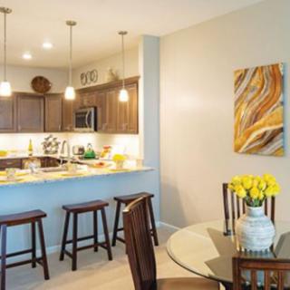 A modern kitchen and dining area featuring wooden cabinetry, pendant lighting, bar stools, and a glass dining table with a vase of yellow flowers.