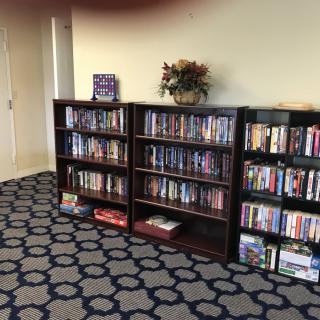 A cozy library corner with bookshelves filled with books, DVDs, and games.