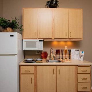A modern kitchen setup with wooden cabinets, a fridge, microwave, and decorative items on the countertop.