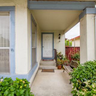 A cozy porch with plants and a bench leading to a house entrance.
