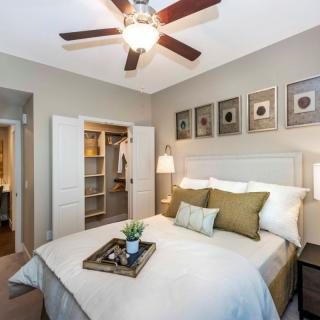 Modern bedroom with stylish decor and a ceiling fan.