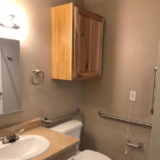 A bathroom with a sink, toilet, wooden cabinet, mirror, and grab bar.