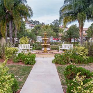 A serene garden with a central fountain, surrounded by lush greenery and benches along the pathway.