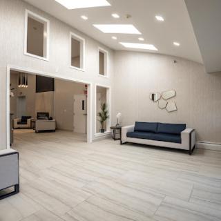 A spacious and modern living room featuring sleek furniture and abundant natural light.