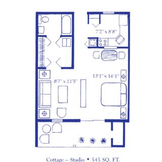 Blueprint of a 545 sq. ft. studio apartment showing the layout of the living area, kitchen, bathroom, and entrance.