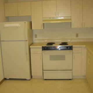A simple kitchen setup with a fridge and stove.