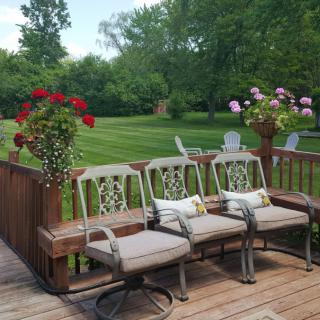 An inviting outdoor patio with cushioned chairs and flowering plants overlooking a lush garden.