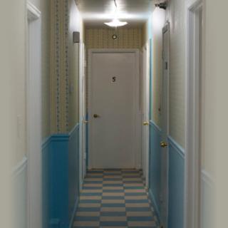 A narrow hallway with several doors, a hanging light fixture, and a checkered floor pattern.