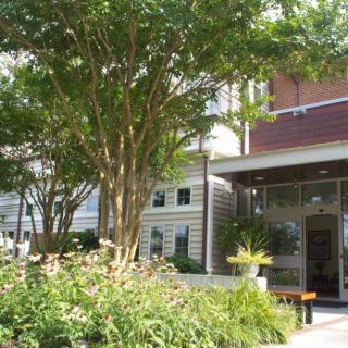 A modern building entrance surrounded by lush greenery and vibrant landscaping.