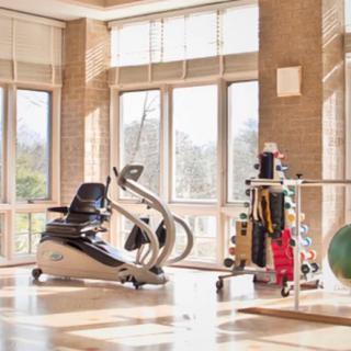 A sunlit gym with various exercise equipment, including an exercise bike, dumbbells, and a yoga ball.