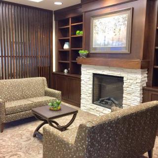 A cozy living room with a modern fireplace, sofas, and stylish decor.