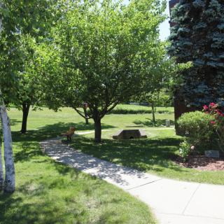 A scenic garden with a paved pathway, surrounded by lush greenery and trees, and featuring a few benches for seating.