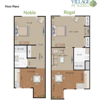 Floor plans for two apartment layouts, Noble and Regal.