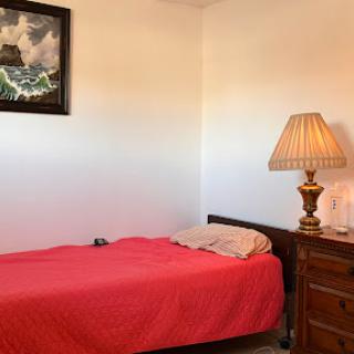 A cozy bedroom featuring a bed with red bedding, a bedside lamp, and wall art.