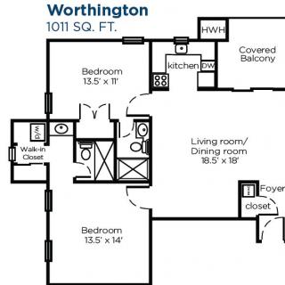 Layout of a two-bedroom apartment named Worthington, covering 1011 square feet.