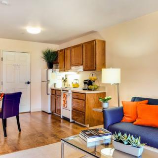 A cozy apartment with a combined living and kitchen area, featuring colorful decor and modern furniture.