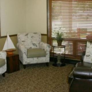 A cozy living room with patterned chairs, a leather sofa, and a small table with a plant.