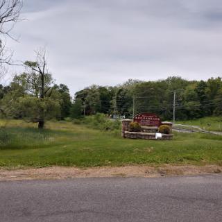 A peaceful rural scene featuring a tractor near a grassy area.