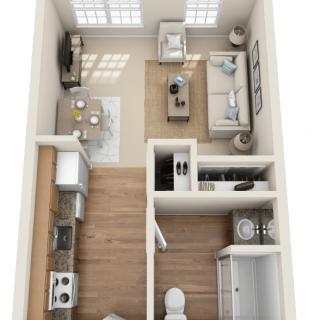 A 3D floor plan of a small apartment featuring an open concept design with a kitchen, living area, and bathroom.